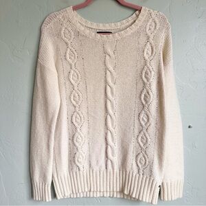 American Eagle Women’s Cream Cable Knit Wool Blend Beaded Sweater Medium EUC‎